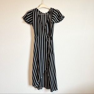 Socialite Women’s Ruffle Wrap Dress with black & cream stripes, size XS